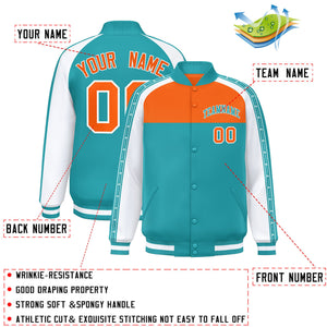 Custom Orange Aqua K-Ribbon Raglan Sleeves Varsity Full-Snap Color Block Letterman Jacket