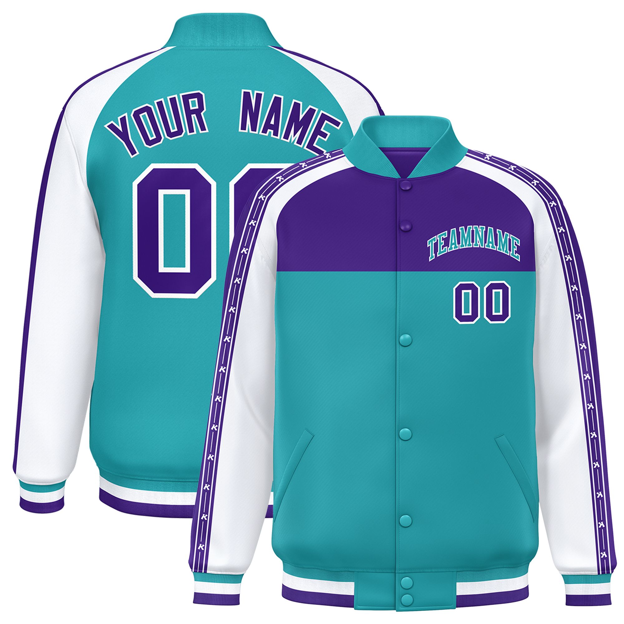 Custom Purple Aqua K-Ribbon Raglan Sleeves Varsity Full-Snap Color Block Letterman Jacket