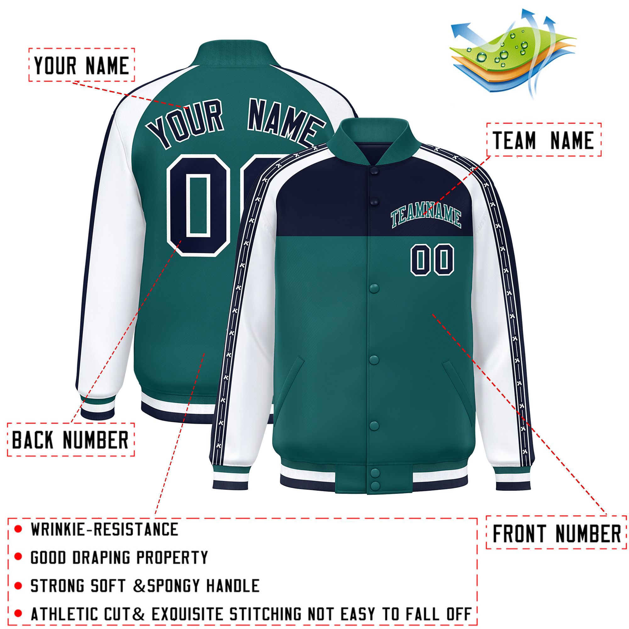 Custom Navy Aqua K-Ribbon Raglan Sleeves Varsity Full-Snap Color Block Letterman Jacket