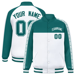 Custom Aqua White K-Ribbon Raglan Sleeves Varsity Full-Snap Color Block Letterman Jacket