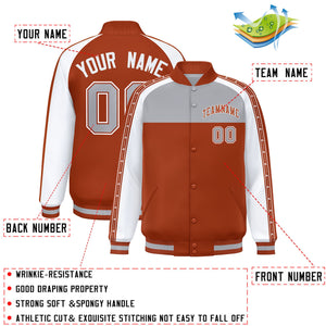 Custom Gray Texas Orange K-Ribbon Raglan Sleeves Varsity Full-Snap Color Block Letterman Jacket