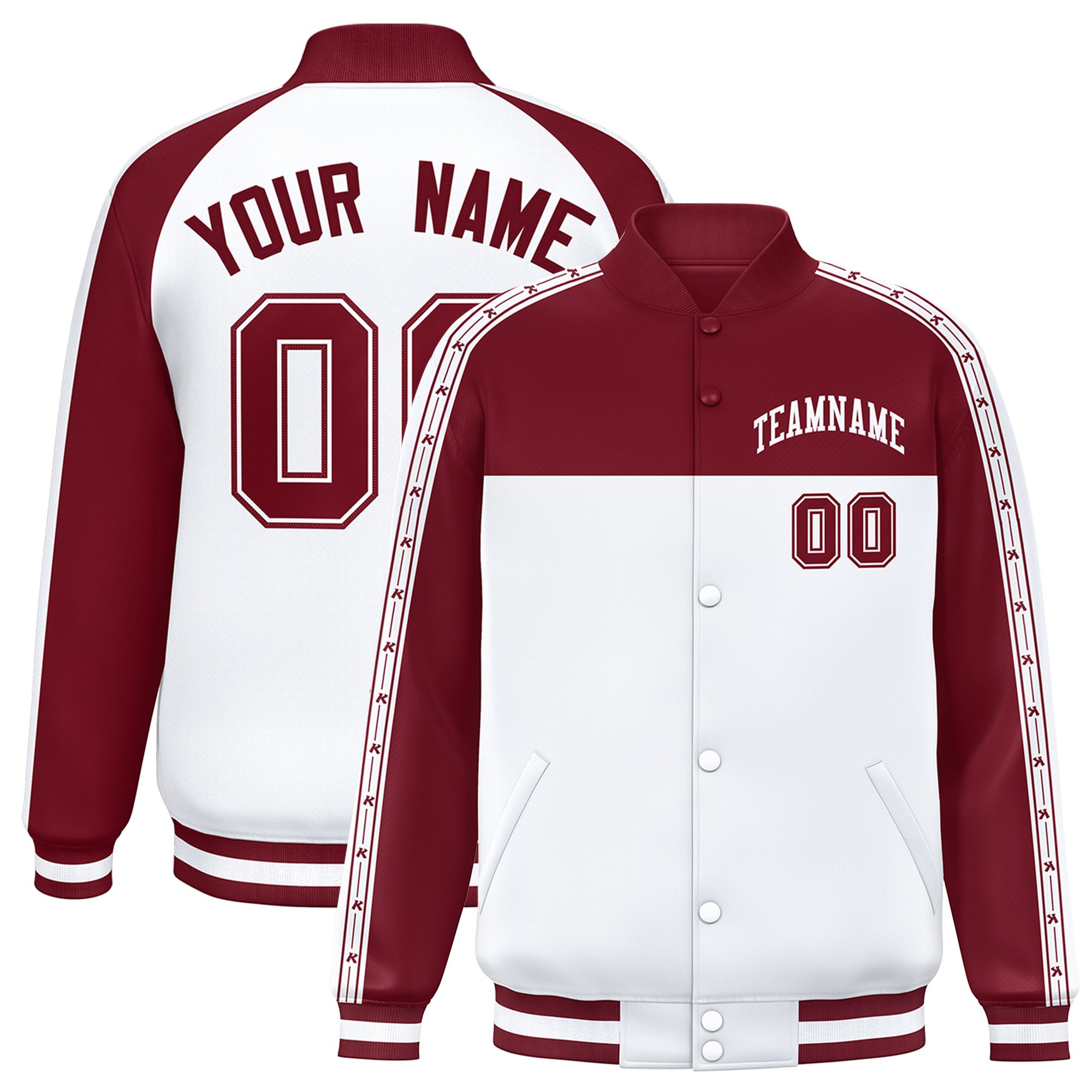 Custom Crimson White K-Ribbon Raglan Sleeves Varsity Full-Snap Color Block Letterman Jacket