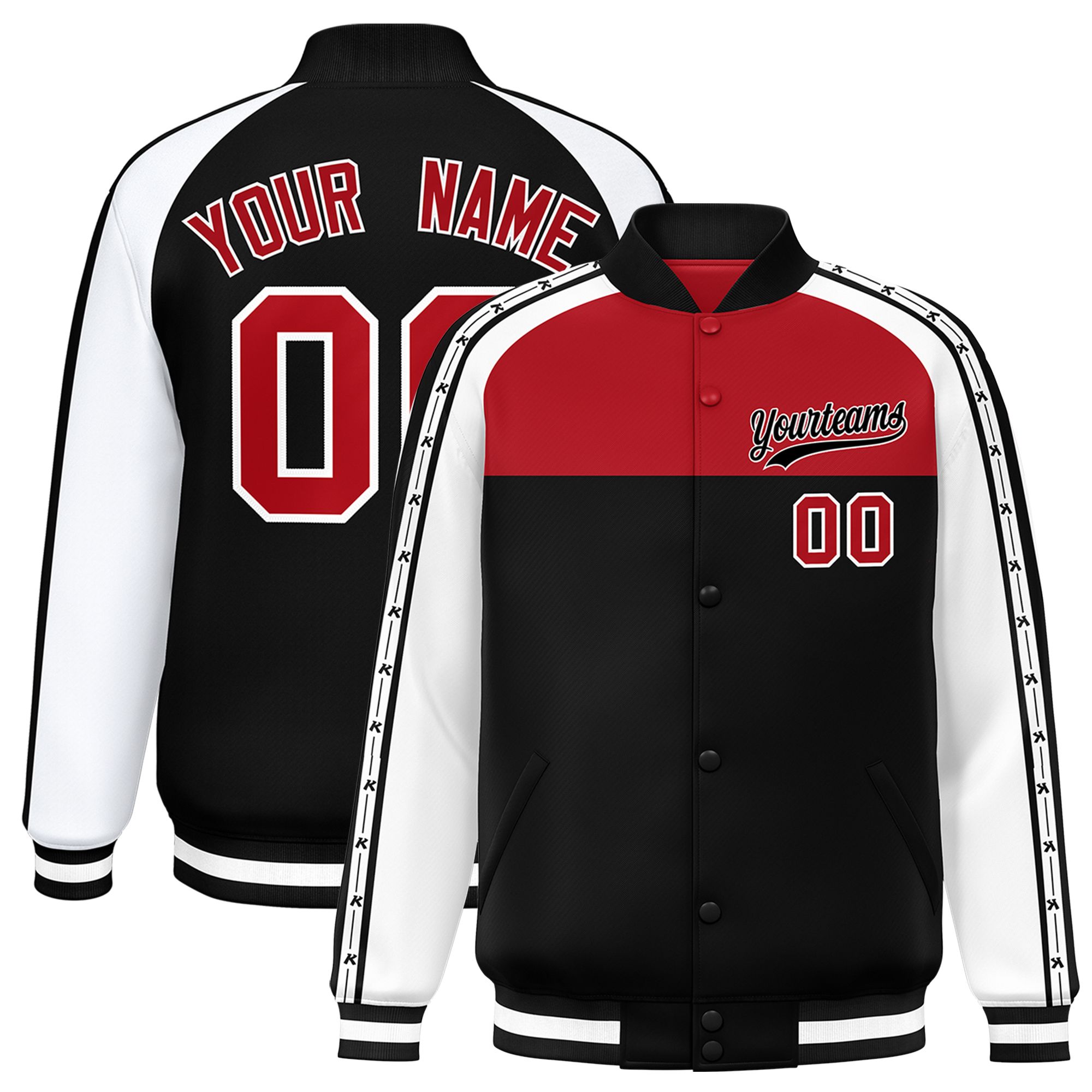 Custom Red Black K-Ribbon Raglan Sleeves Varsity Full-Snap Color Block Letterman Jacket