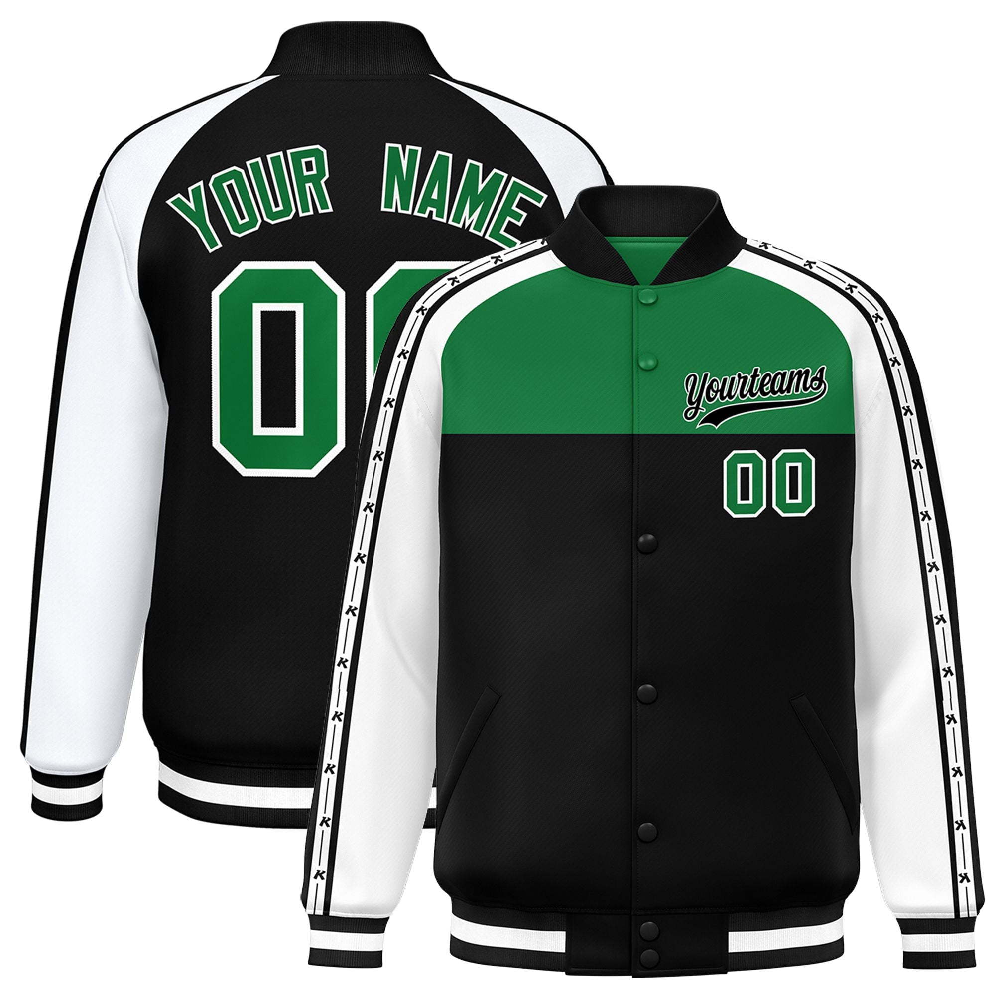 Custom Teal Black K-Ribbon Raglan Sleeves Varsity Full-Snap Color Block Letterman Jacket