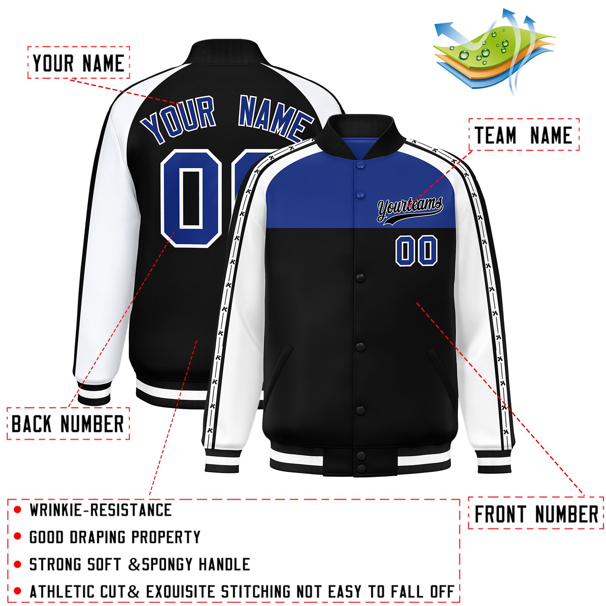 Custom Royal Black K-Ribbon Raglan Sleeves Varsity Full-Snap Color Block Letterman Jacket