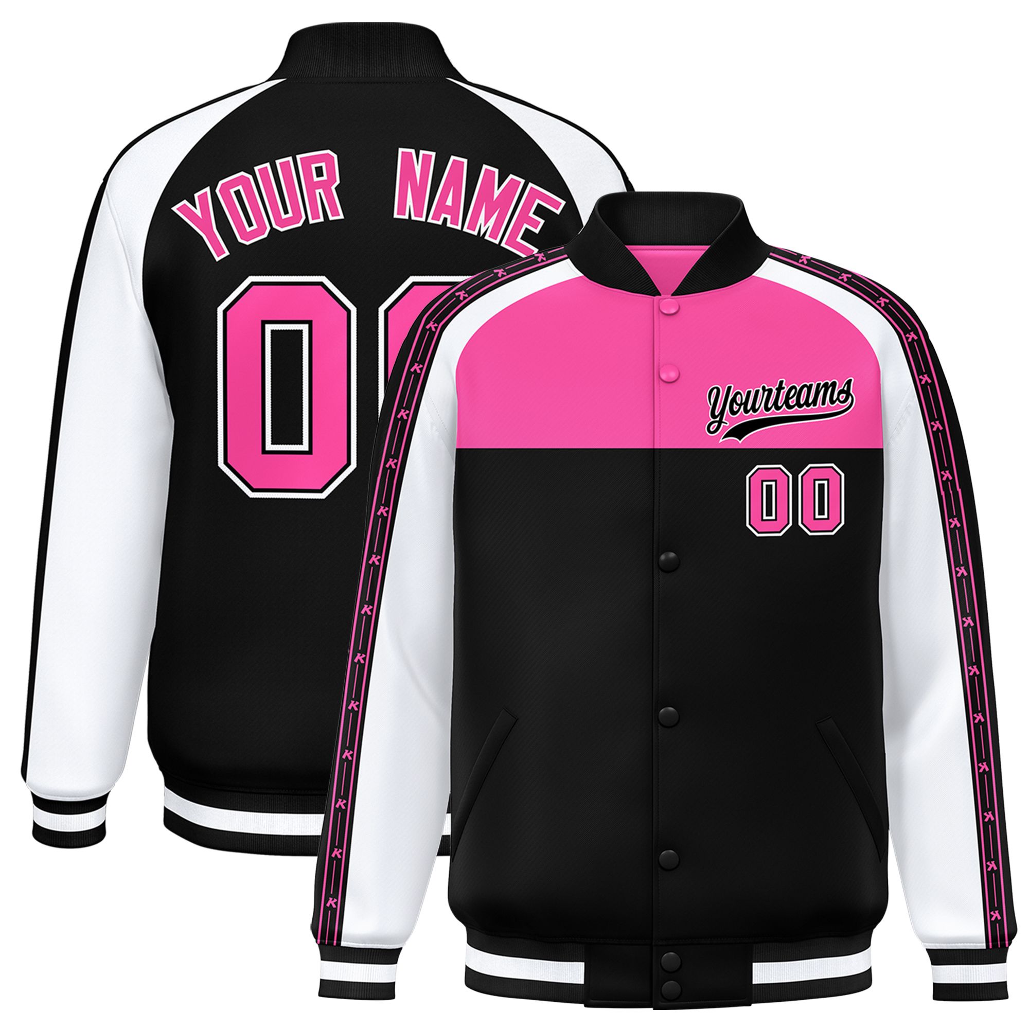 Custom Pink Black K-Ribbon Raglan Sleeves Varsity Full-Snap Color Block Letterman Jacket