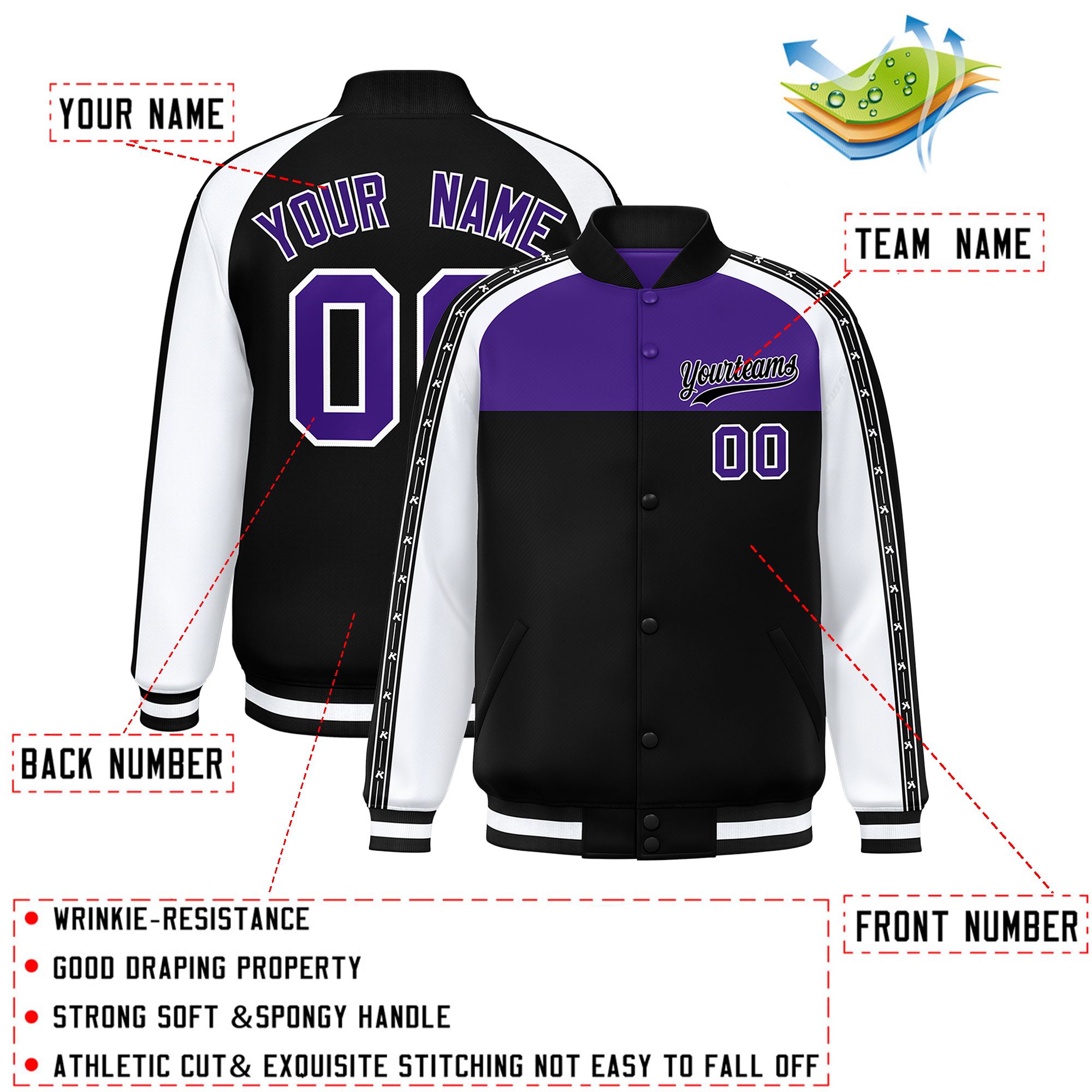 Custom Purple Black K-Ribbon Raglan Sleeves Varsity Full-Snap Color Block Letterman Jacket