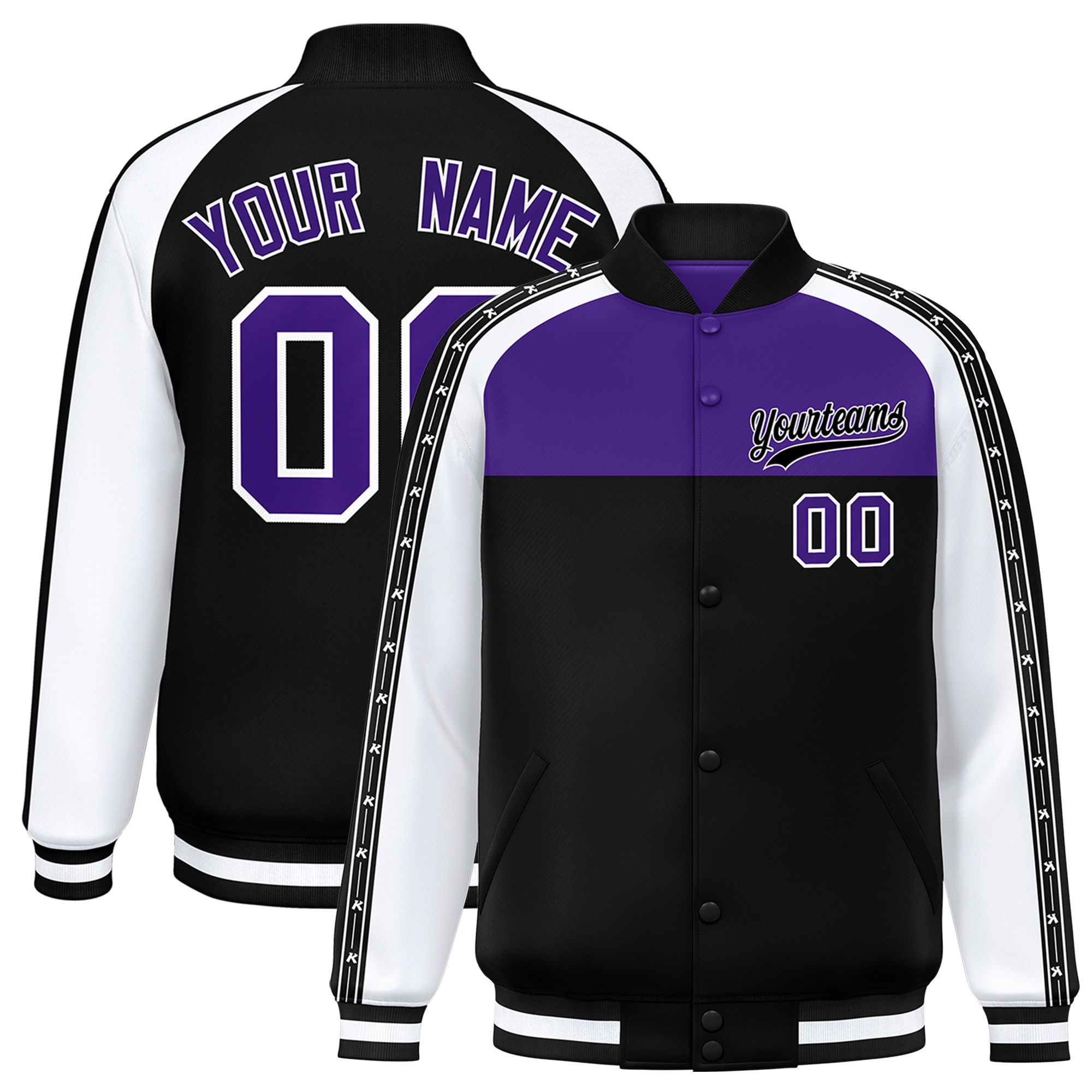 Custom Purple Black K-Ribbon Raglan Sleeves Varsity Full-Snap Color Block Letterman Jacket