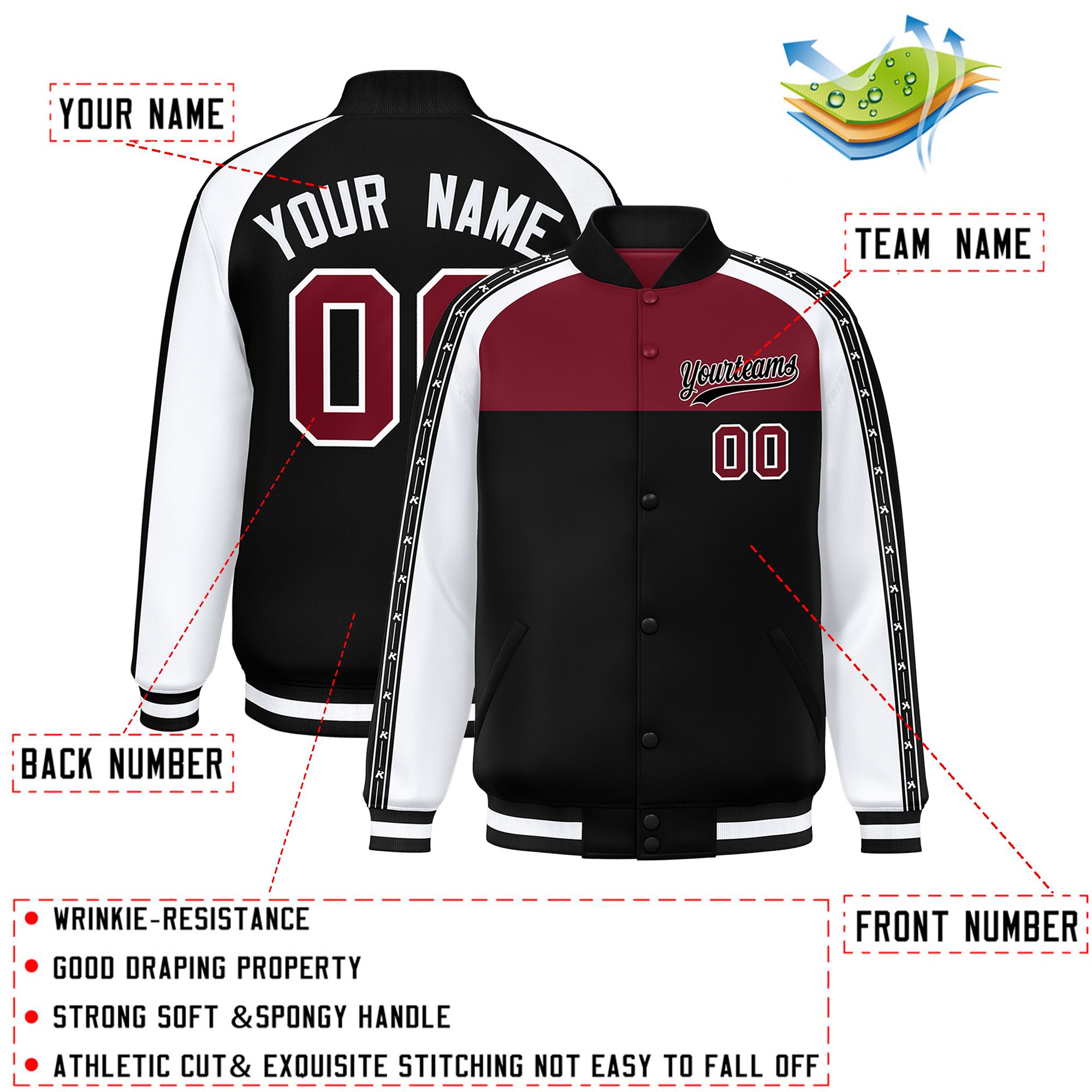 Custom Crimson Black K-Ribbon Raglan Sleeves Varsity Full-Snap Color Block Letterman Jacket