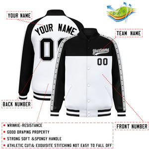 Custom Black White K-Ribbon Raglan Sleeves Varsity Full-Snap Color Block Letterman Jacket