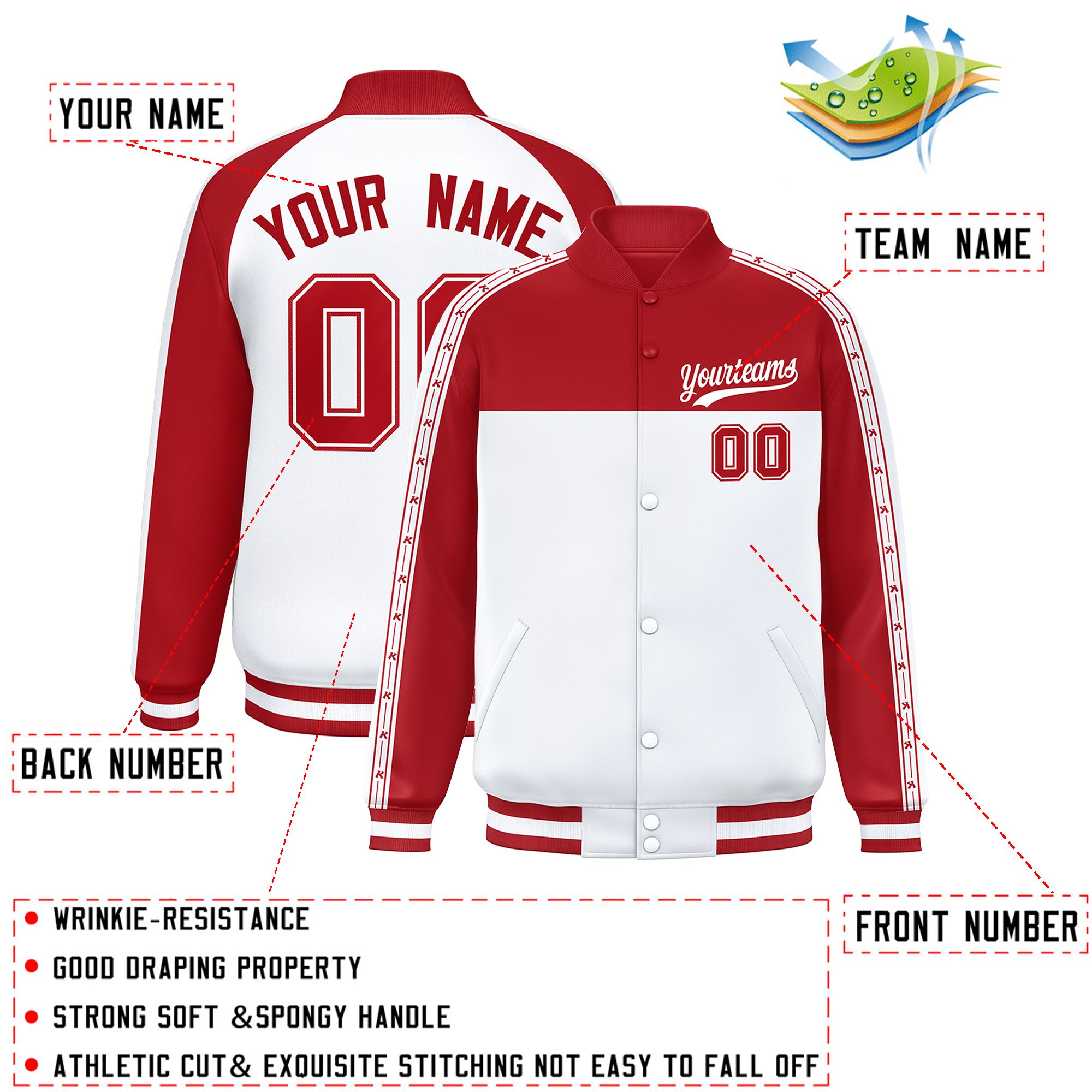 Custom Red White K-Ribbon Raglan Sleeves Varsity Full-Snap Color Block Letterman Jacket