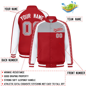 Custom Gray Red K-Ribbon Raglan Sleeves Varsity Full-Snap Color Block Letterman Jacket