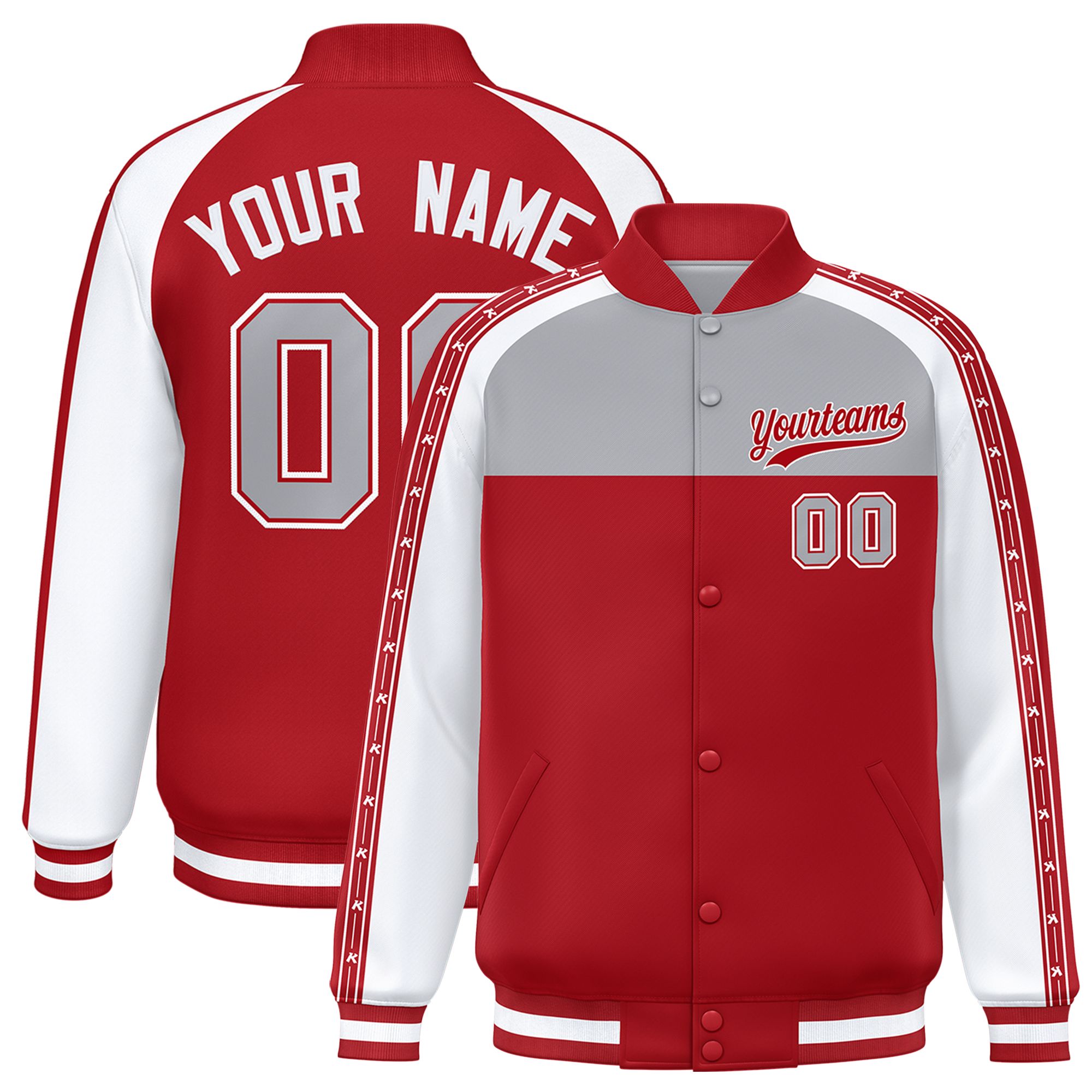 Custom Gray Red K-Ribbon Raglan Sleeves Varsity Full-Snap Color Block Letterman Jacket