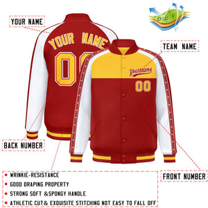 Custom Gold Red K-Ribbon Raglan Sleeves Varsity Full-Snap Color Block Letterman Jacket