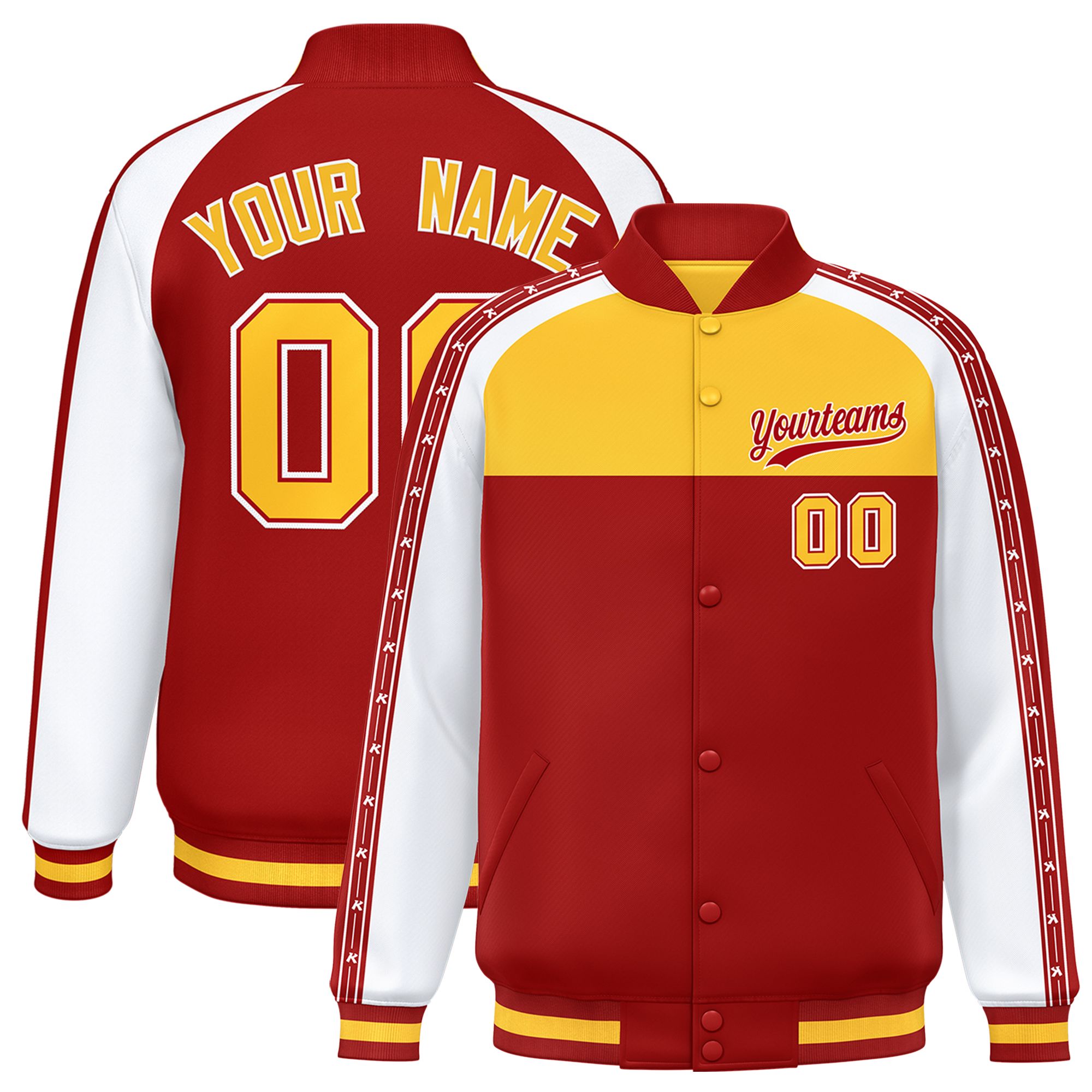 Custom Gold Red K-Ribbon Raglan Sleeves Varsity Full-Snap Color Block Letterman Jacket