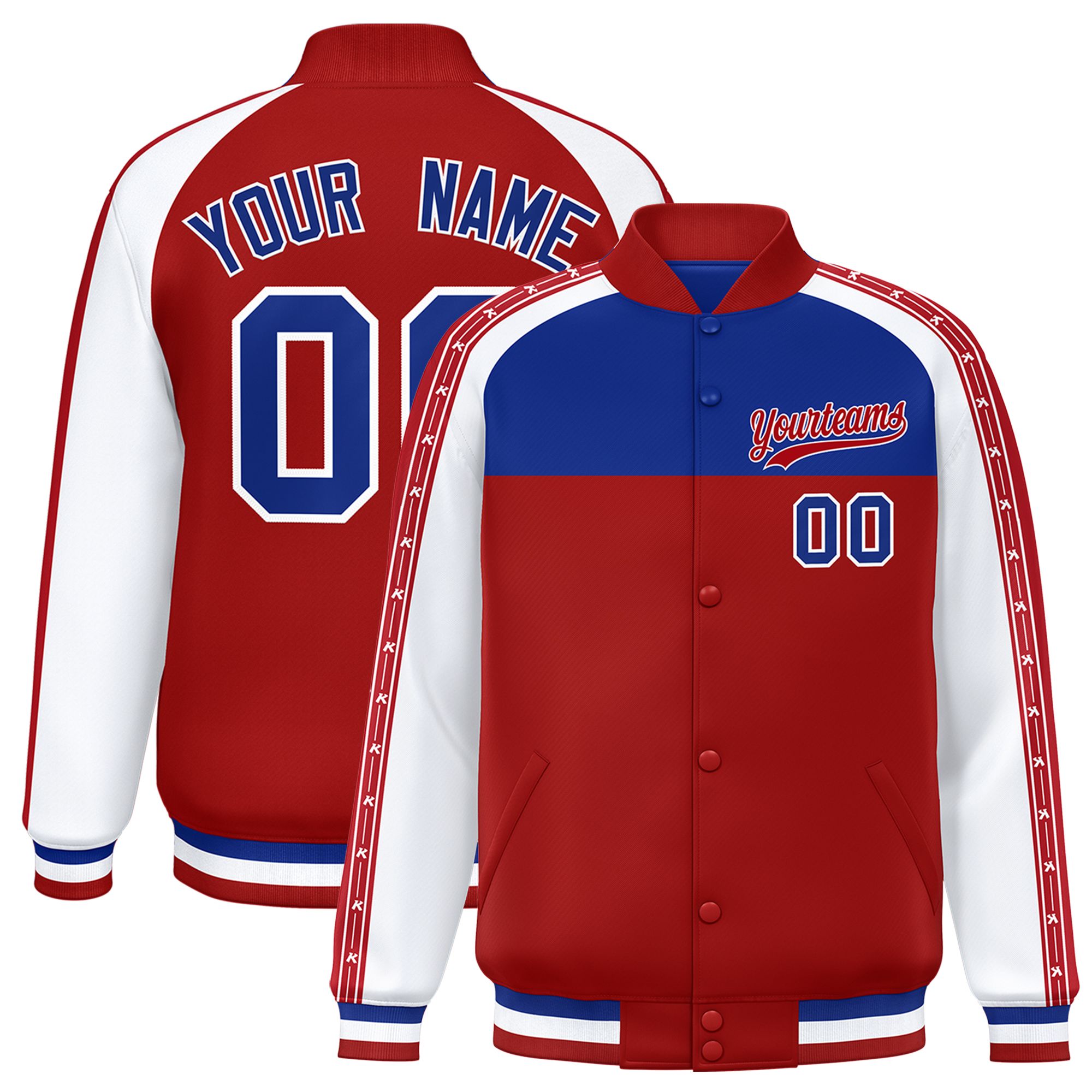 Custom Royal Red K-Ribbon Raglan Sleeves Varsity Full-Snap Color Block Letterman Jacket