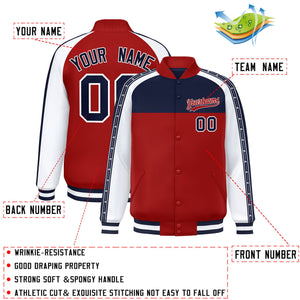 Custom Navy Red K-Ribbon Raglan Sleeves Varsity Full-Snap Color Block Letterman Jacket