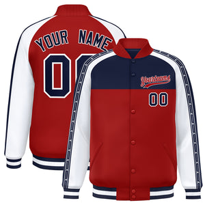 Custom Navy Red K-Ribbon Raglan Sleeves Varsity Full-Snap Color Block Letterman Jacket