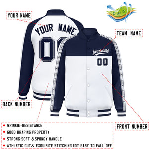 Custom Navy White K-Ribbon Raglan Sleeves Varsity Full-Snap Color Block Letterman Jacket