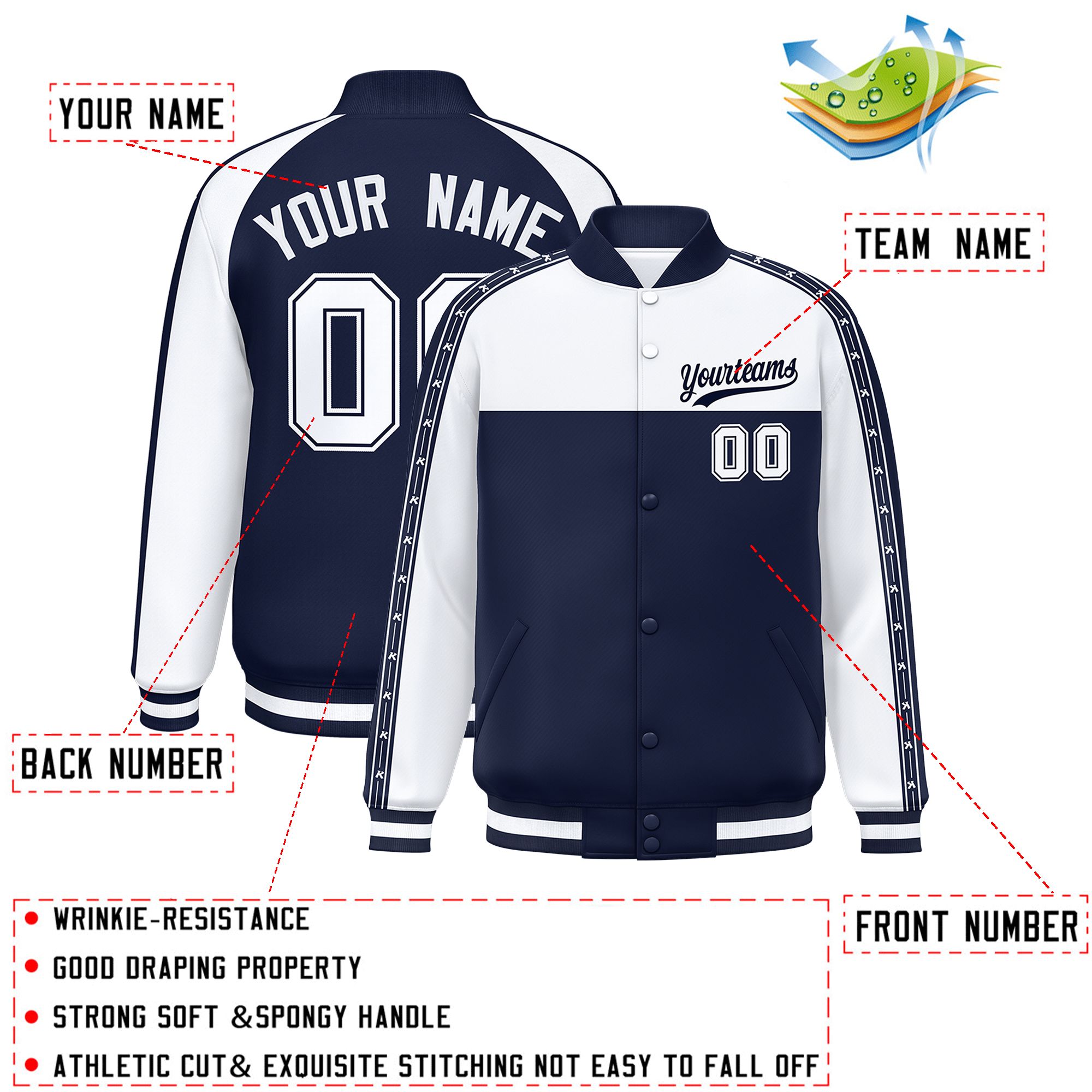 Custom White Navy K-Ribbon Raglan Sleeves Varsity Full-Snap Color Block Letterman Jacket