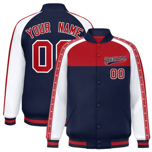 Custom Red Navy K-Ribbon Raglan Sleeves Varsity Full-Snap Color Block Letterman Jacket