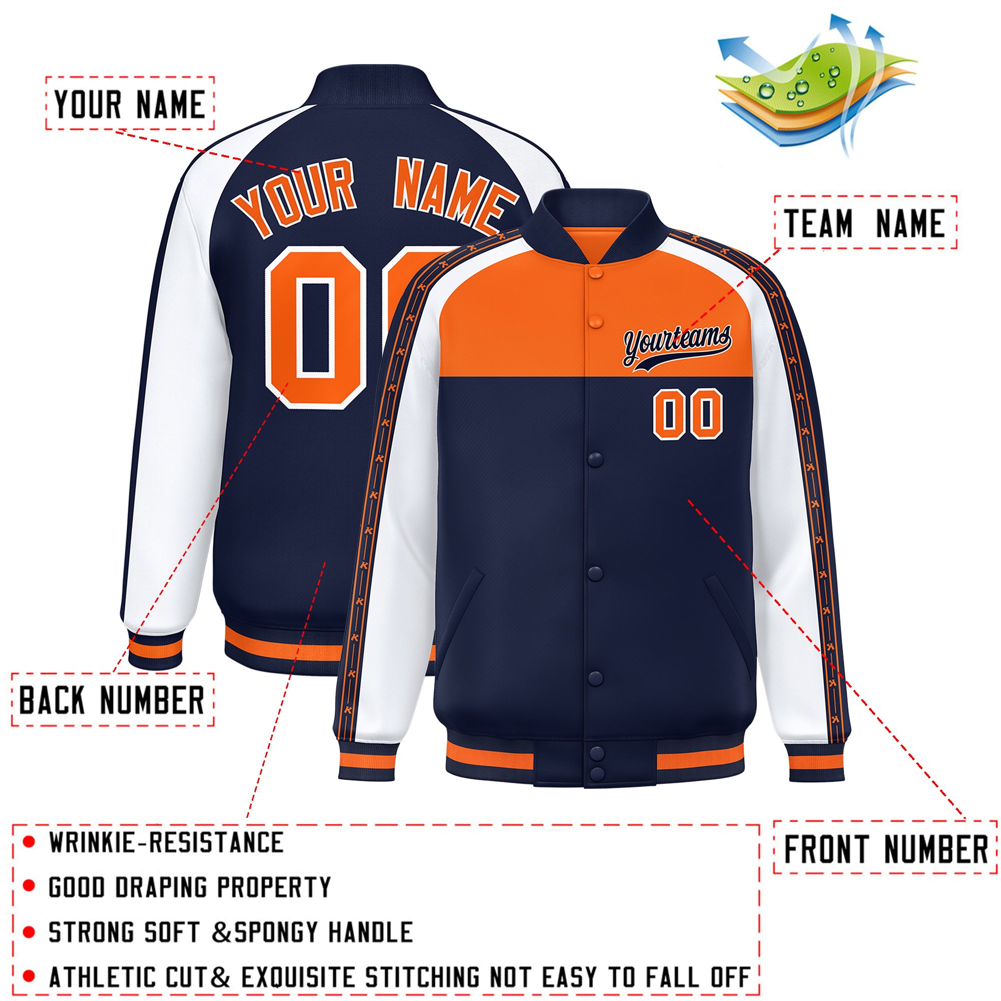 Custom Orange Navy K-Ribbon Raglan Sleeves Varsity Full-Snap Color Block Letterman Jacket