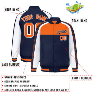 Custom Orange Navy K-Ribbon Raglan Sleeves Varsity Full-Snap Color Block Letterman Jacket