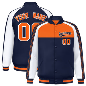 Custom Orange Navy K-Ribbon Raglan Sleeves Varsity Full-Snap Color Block Letterman Jacket