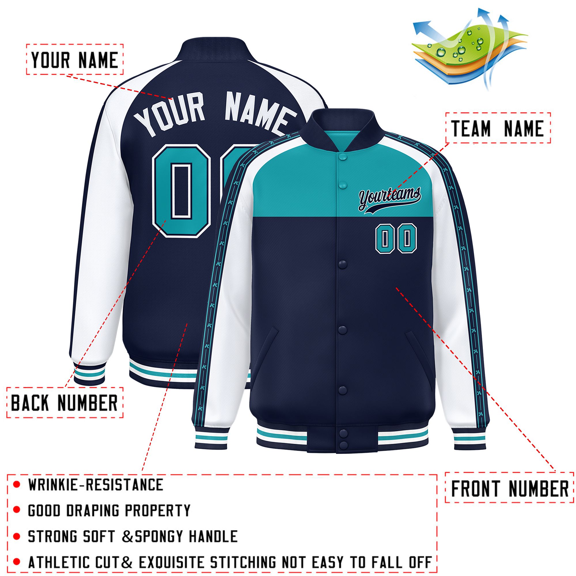 Custom Aqua Navy K-Ribbon Raglan Sleeves Varsity Full-Snap Color Block Letterman Jacket