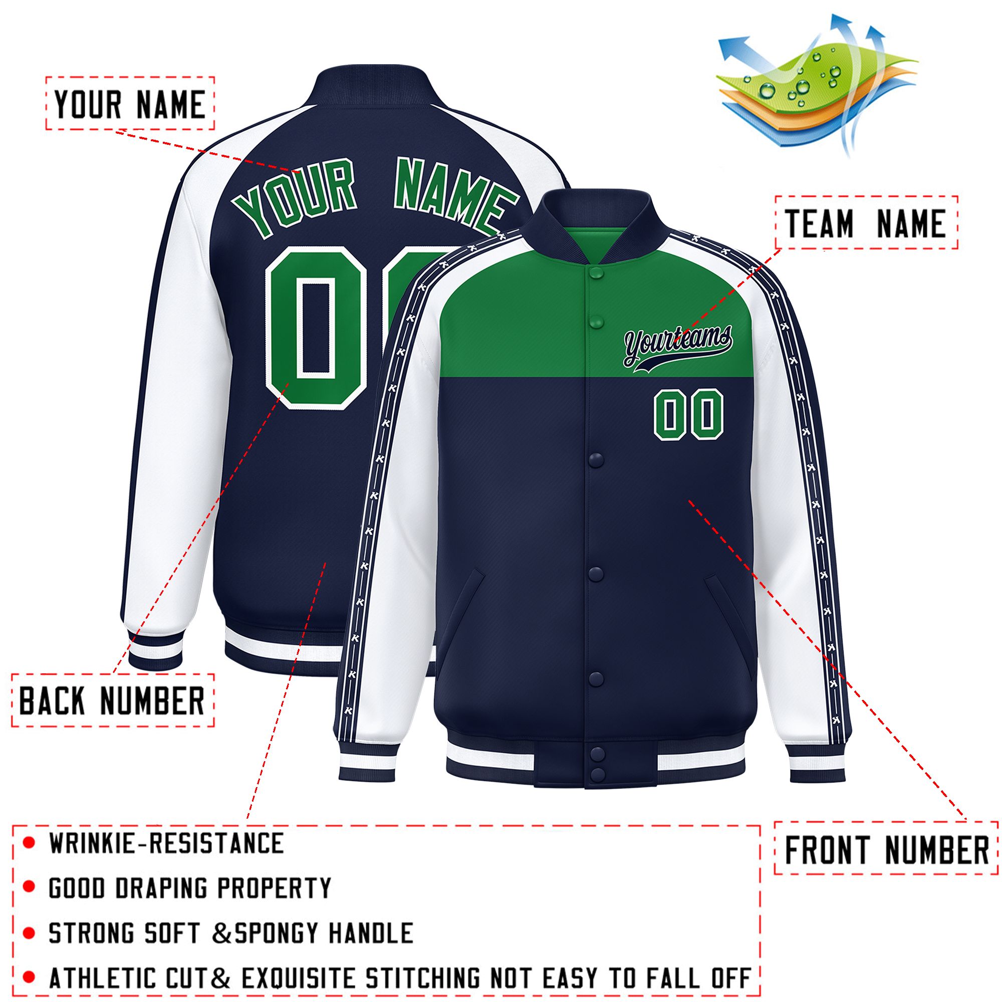 Custom Teal Navy K-Ribbon Raglan Sleeves Varsity Full-Snap Color Block Letterman Jacket