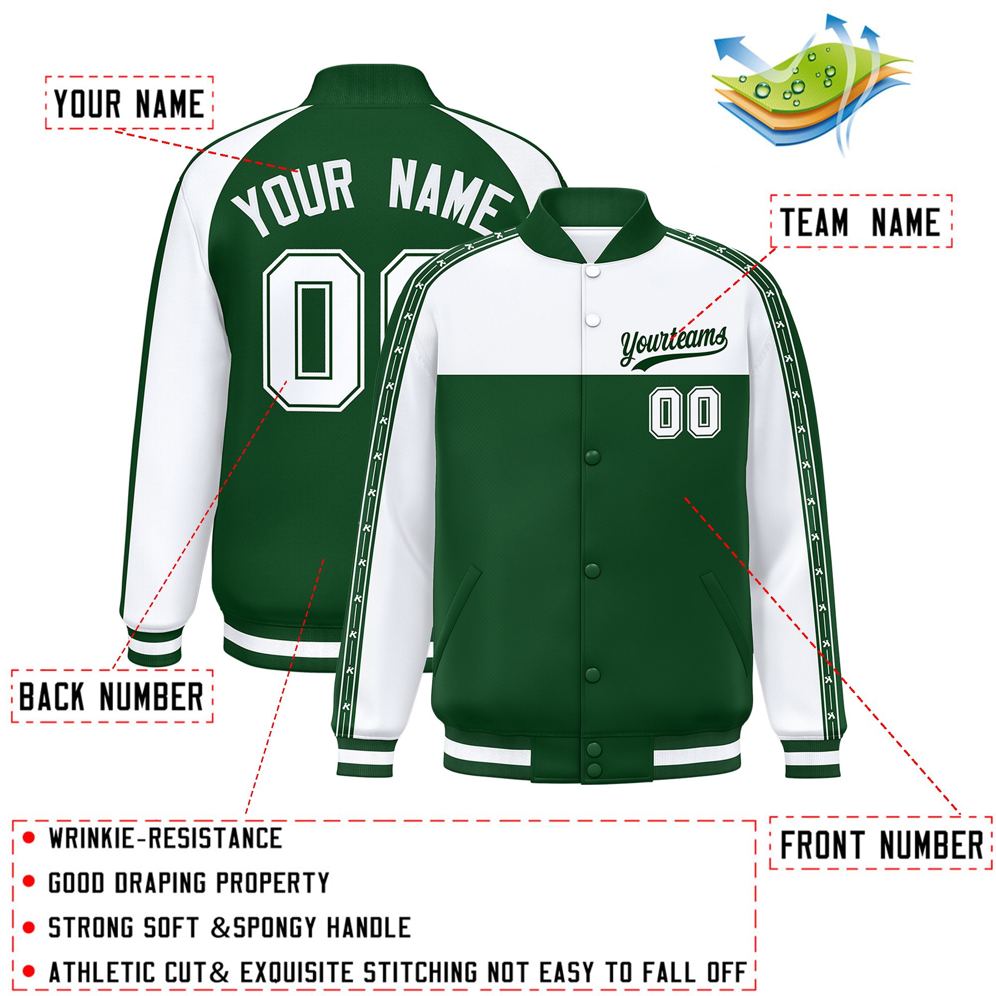 Custom White Green K-Ribbon Raglan Sleeves Varsity Full-Snap Color Block Letterman Jacket