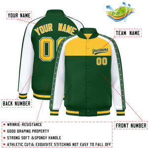 Custom Gold Green K-Ribbon Raglan Sleeves Varsity Full-Snap Color Block Letterman Jacket