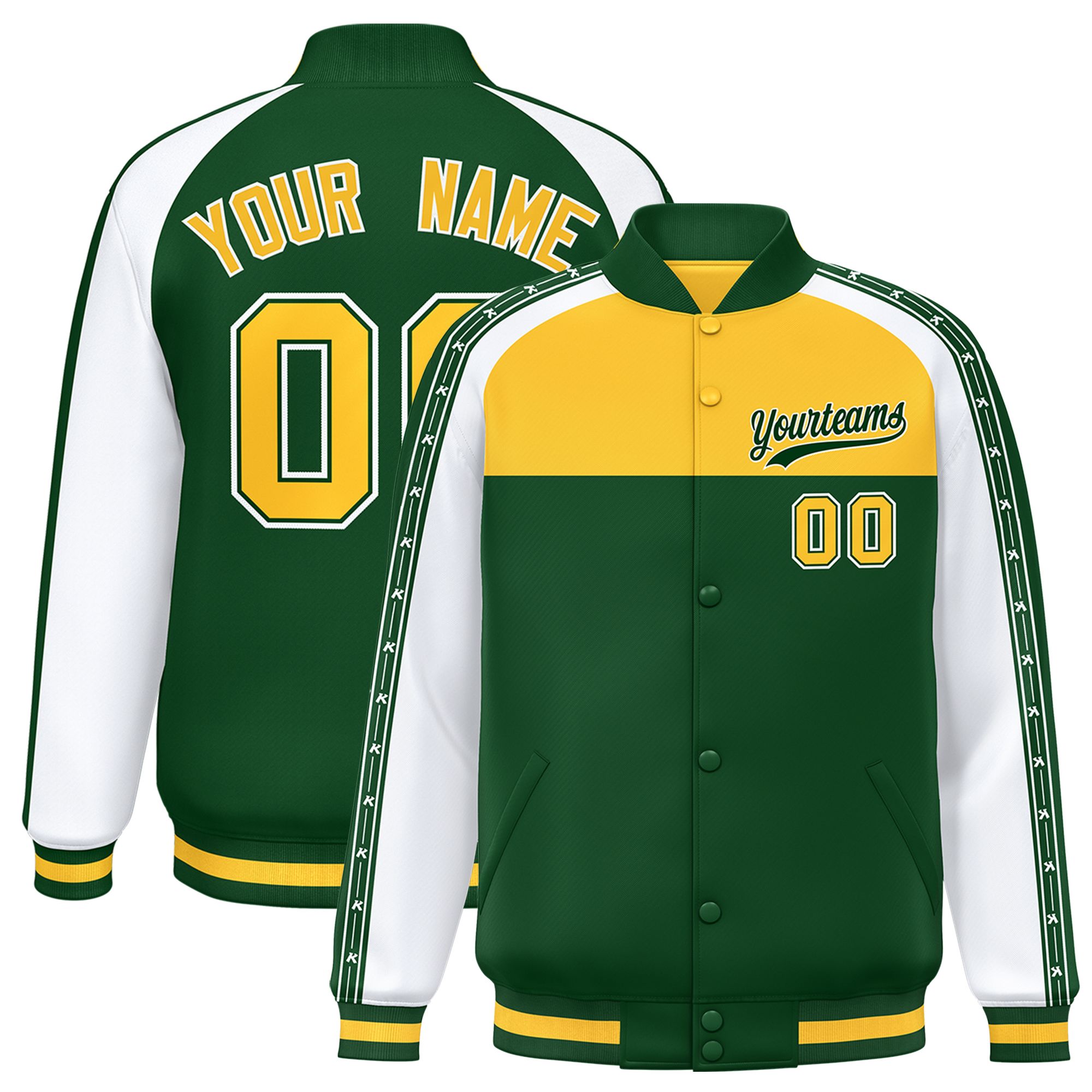 Custom Gold Green K-Ribbon Raglan Sleeves Varsity Full-Snap Color Block Letterman Jacket