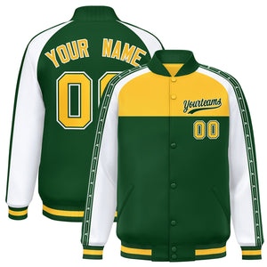 Custom Gold Green K-Ribbon Raglan Sleeves Varsity Full-Snap Color Block Letterman Jacket