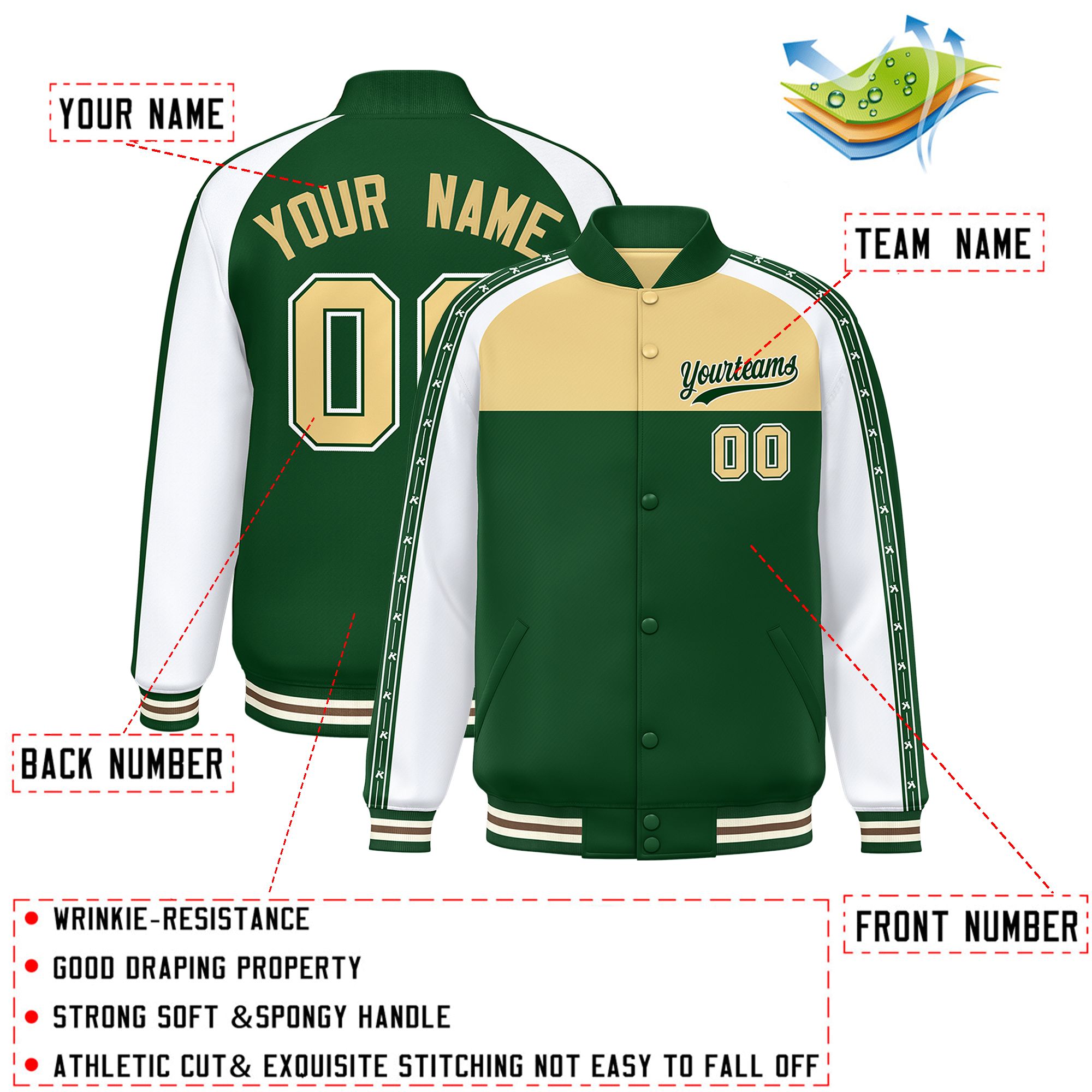 Custom Khaki Green K-Ribbon Raglan Sleeves Varsity Full-Snap Color Block Letterman Jacket