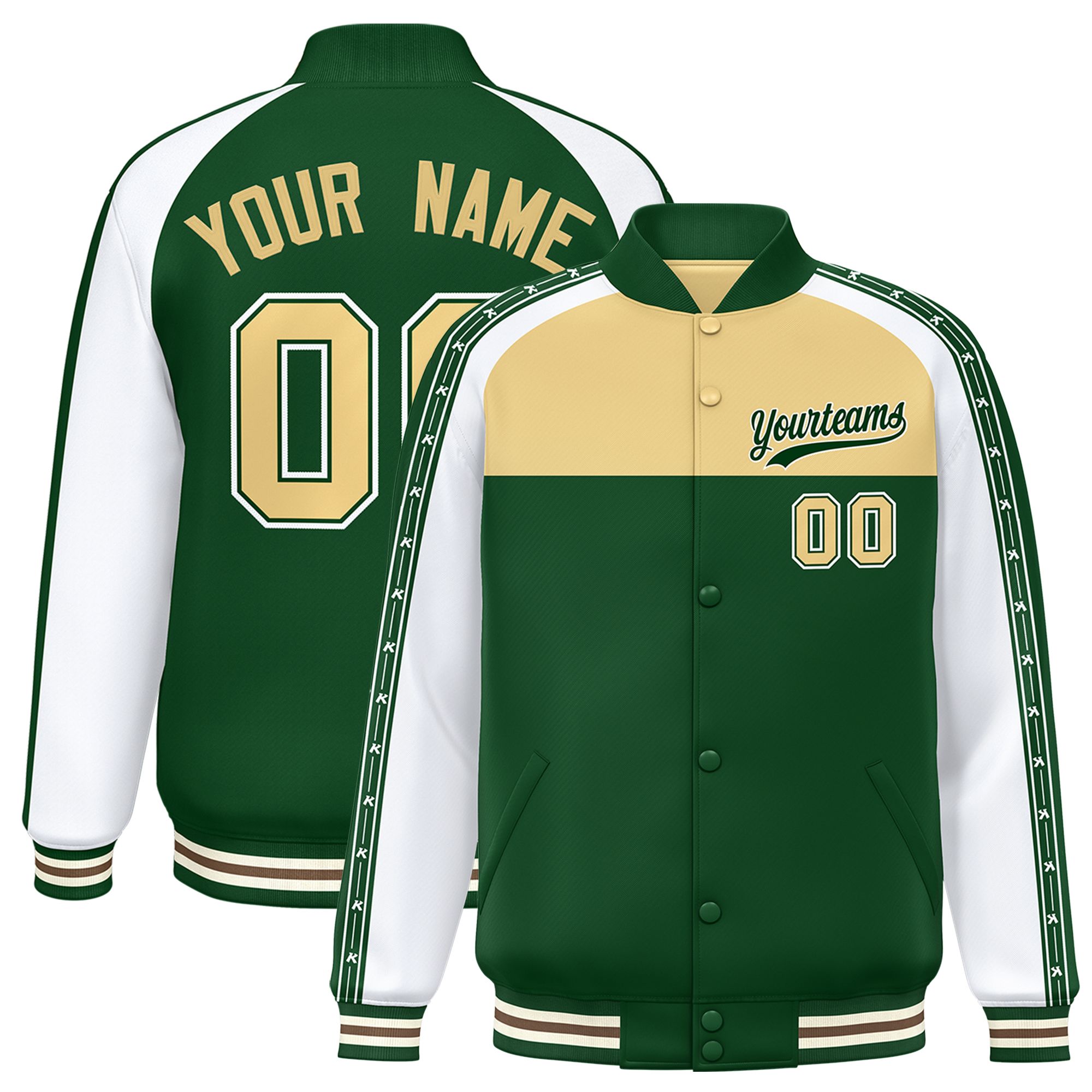 Custom Khaki Green K-Ribbon Raglan Sleeves Varsity Full-Snap Color Block Letterman Jacket