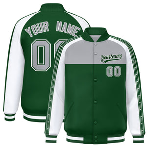 Custom Gray Green K-Ribbon Raglan Sleeves Varsity Full-Snap Color Block Letterman Jacket