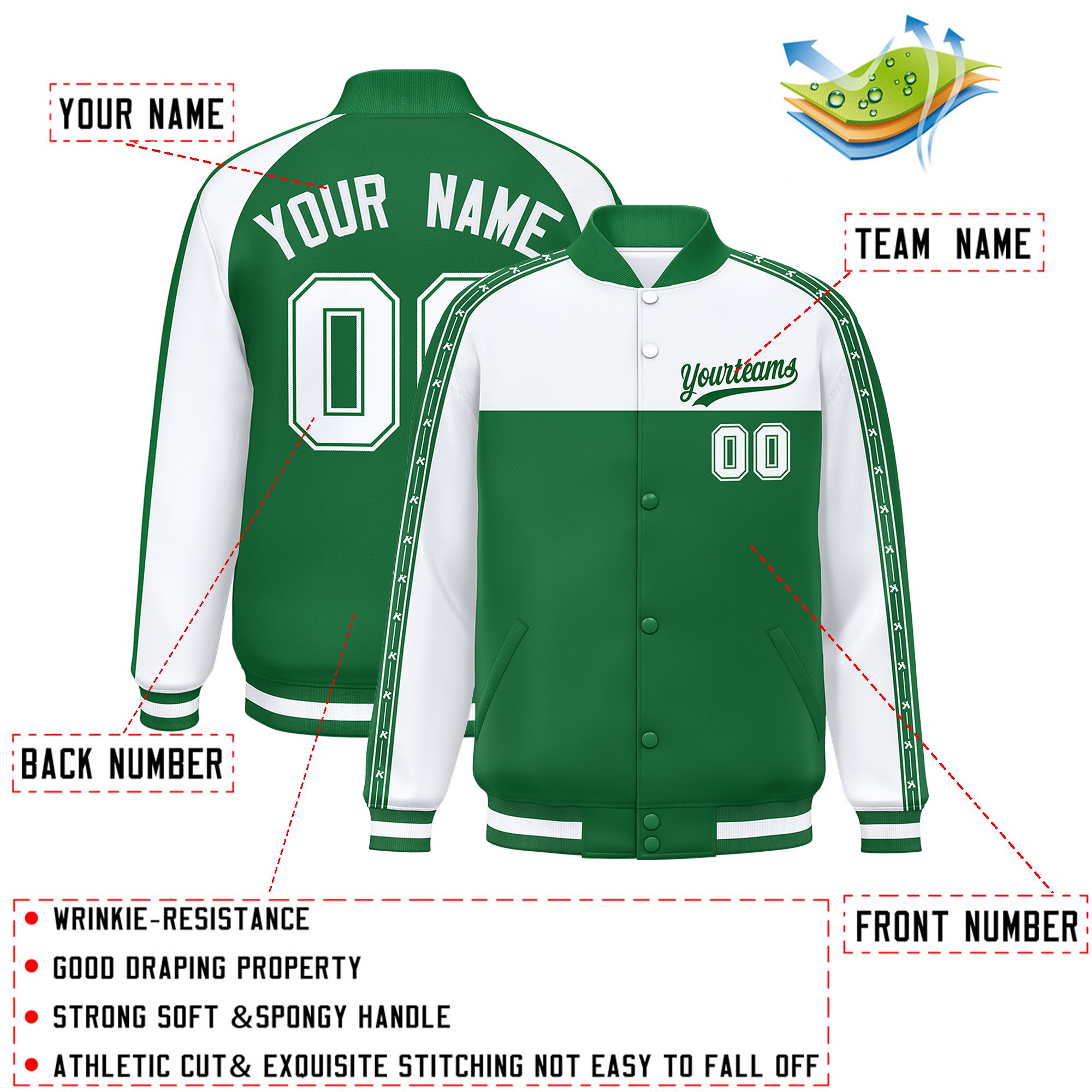 Custom White Teal K-Ribbon Raglan Sleeves Varsity Full-Snap Color Block Letterman Jacket