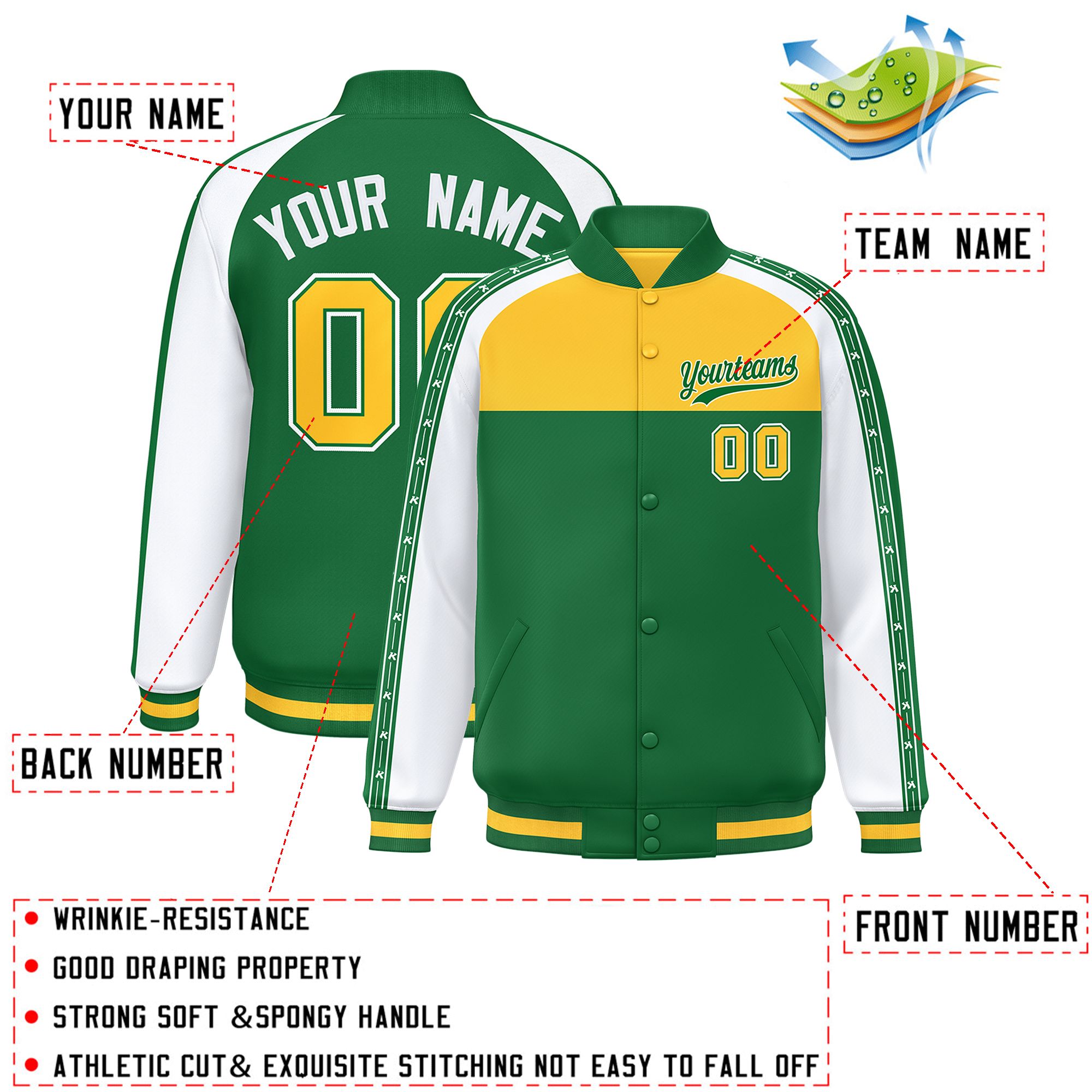 Custom Gold Teal K-Ribbon Raglan Sleeves Varsity Full-Snap Color Block Letterman Jacket