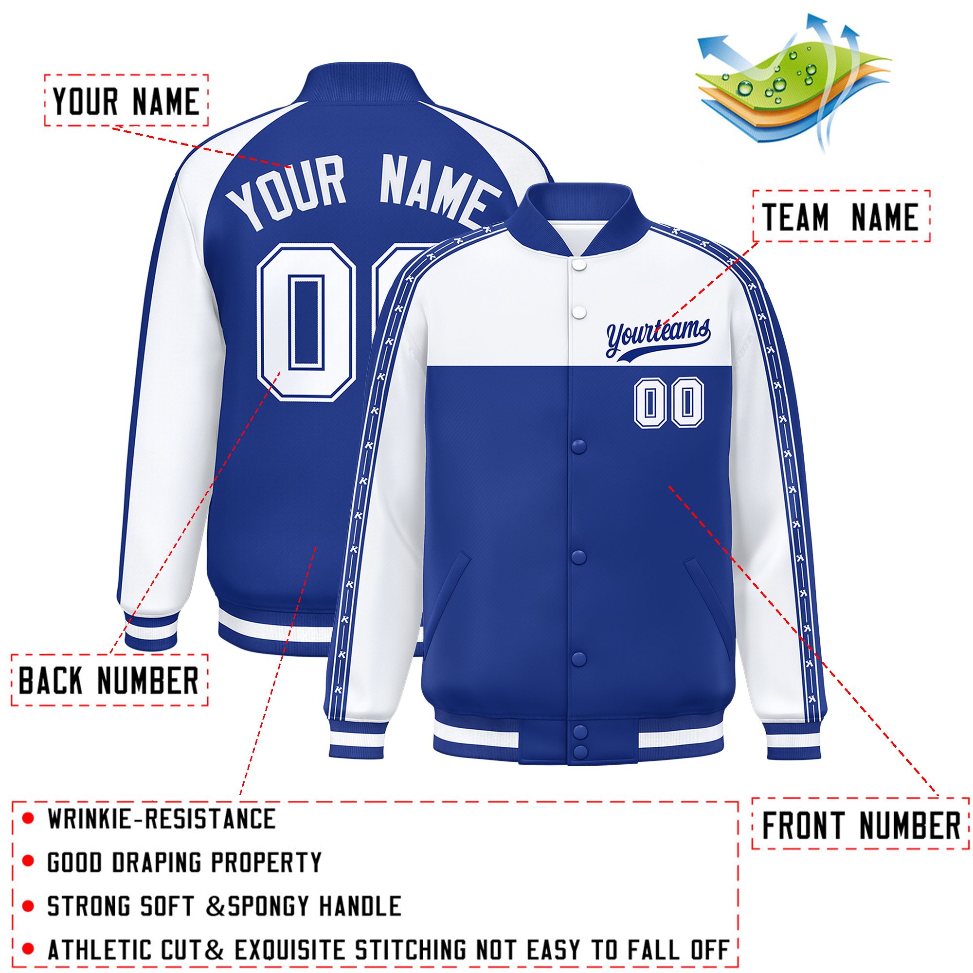 Custom White Royal K-Ribbon Raglan Sleeves Varsity Full-Snap Color Block Letterman Jacket