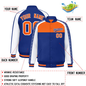 Custom Orange Royal K-Ribbon Raglan Sleeves Varsity Full-Snap Color Block Letterman Jacket