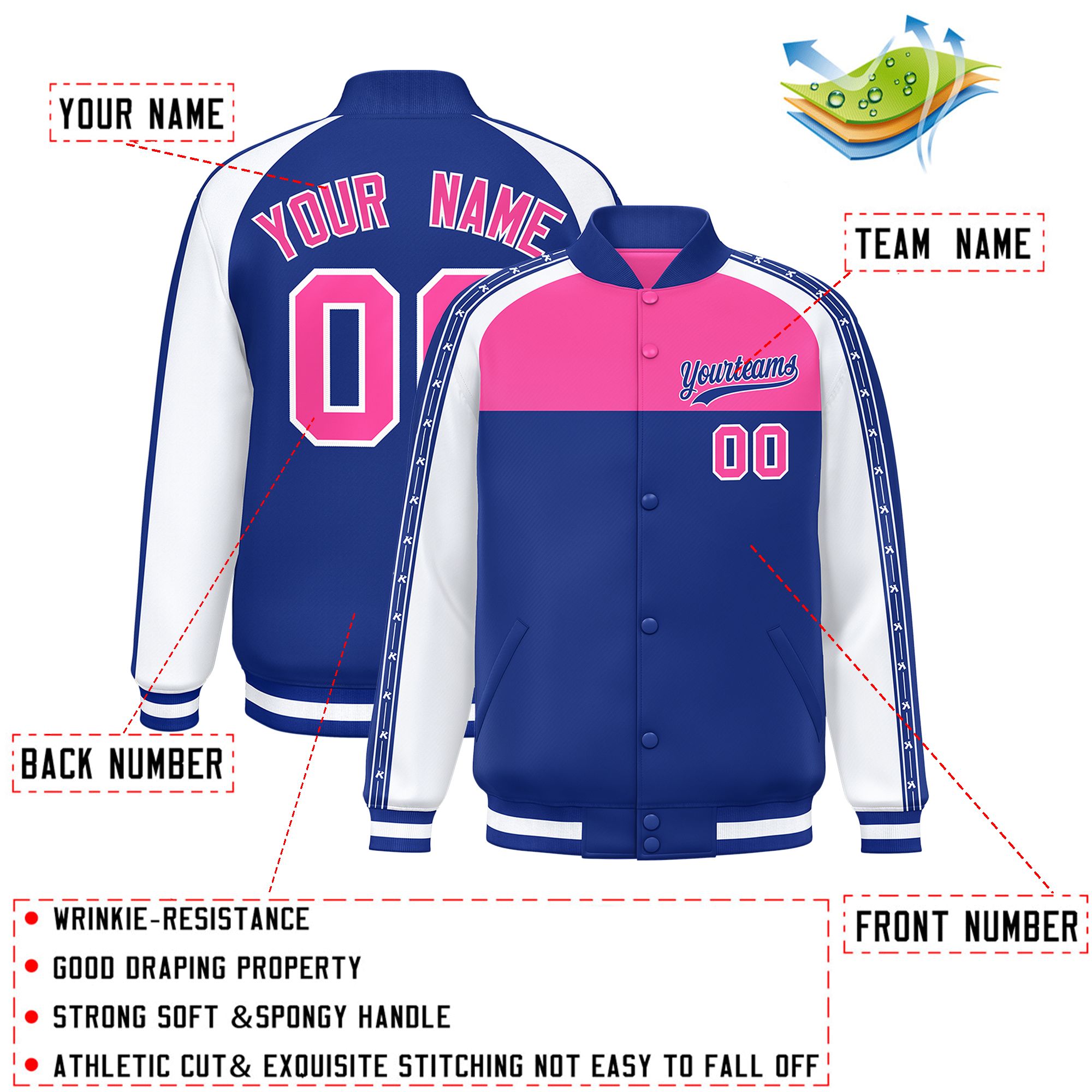 Custom Pink Royal K-Ribbon Raglan Sleeves Varsity Full-Snap Color Block Letterman Jacket