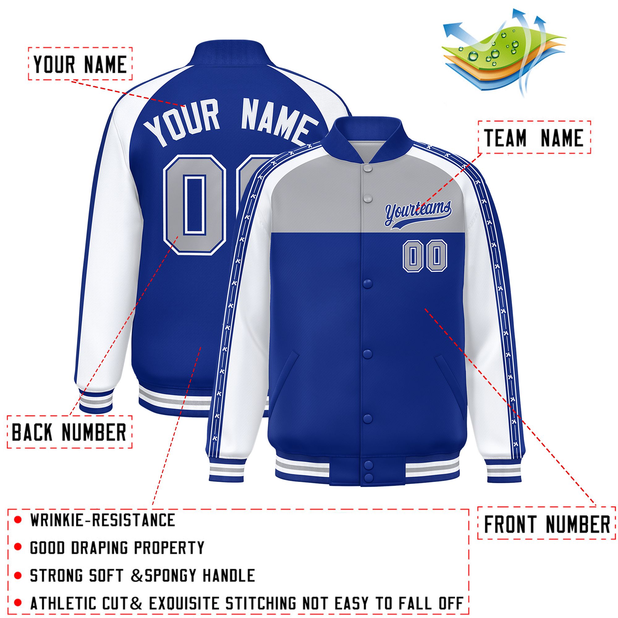 Custom Gray Royal K-Ribbon Raglan Sleeves Varsity Full-Snap Color Block Letterman Jacket