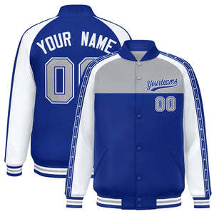 Custom Gray Royal K-Ribbon Raglan Sleeves Varsity Full-Snap Color Block Letterman Jacket