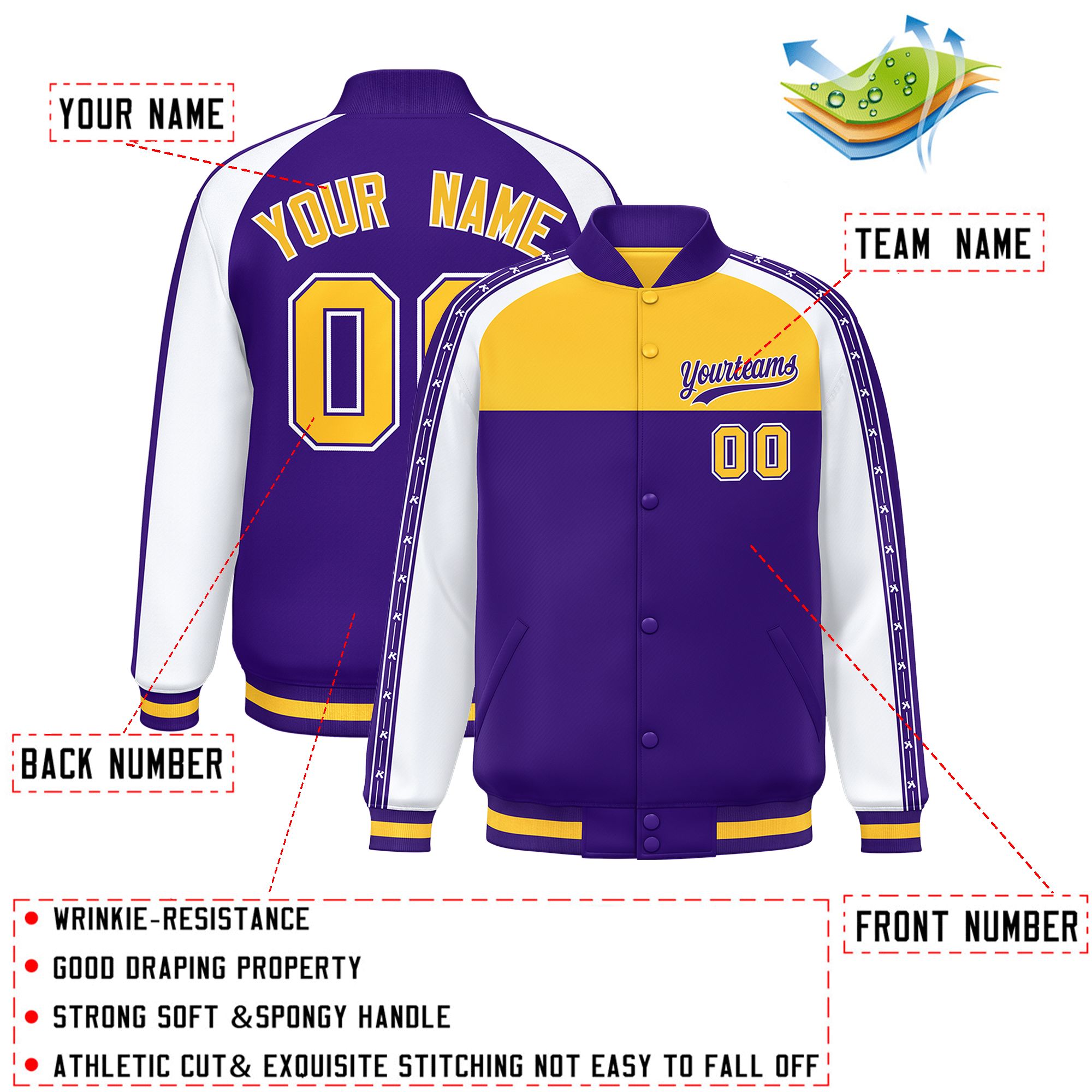 Custom Gold Purple K-Ribbon Raglan Sleeves Varsity Full-Snap Color Block Letterman Jacket