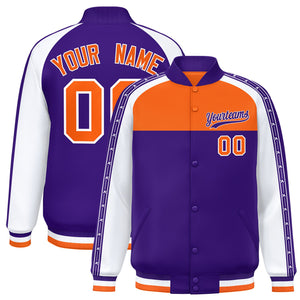 Custom Orange Purple K-Ribbon Raglan Sleeves Varsity Full-Snap Color Block Letterman Jacket