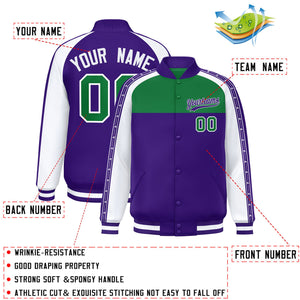 Custom Teal Purple K-Ribbon Raglan Sleeves Varsity Full-Snap Color Block Letterman Jacket