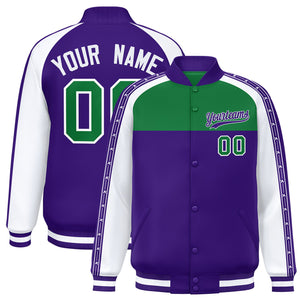 Custom Teal Purple K-Ribbon Raglan Sleeves Varsity Full-Snap Color Block Letterman Jacket