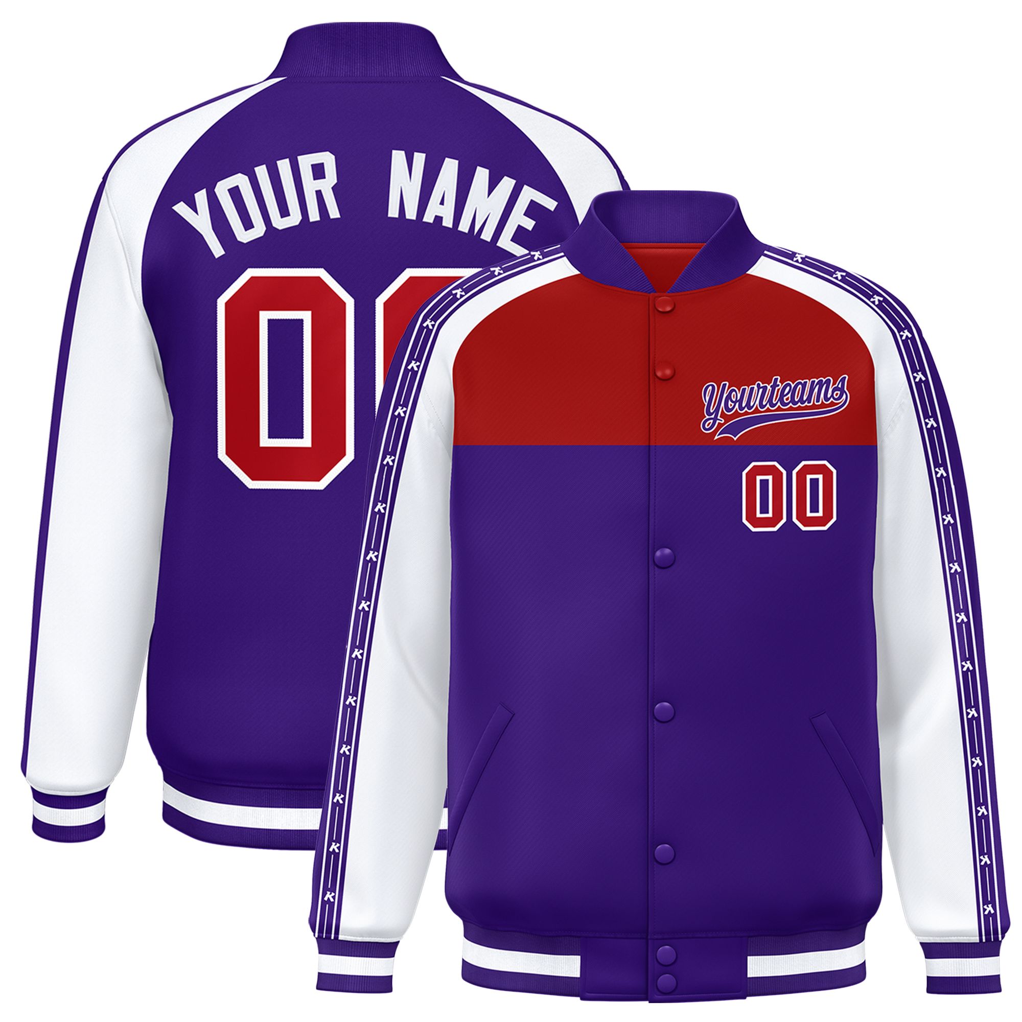 Custom Red Purple K-Ribbon Raglan Sleeves Varsity Full-Snap Color Block Letterman Jacket