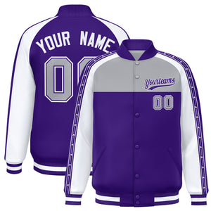 Custom Gray Purple K-Ribbon Raglan Sleeves Varsity Full-Snap Color Block Letterman Jacket